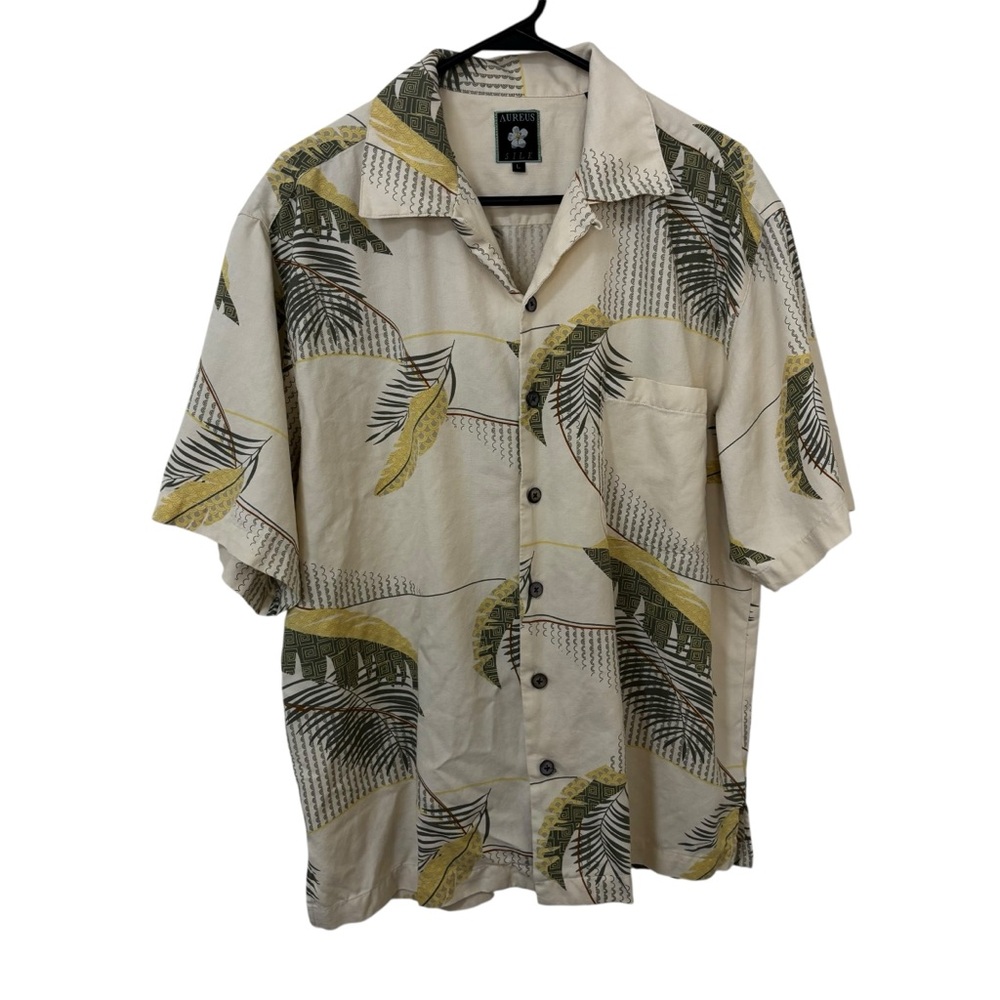 Aureus Silk cotton Short Sleeve Button-Up aloha Shirt - Beige with palm leaf